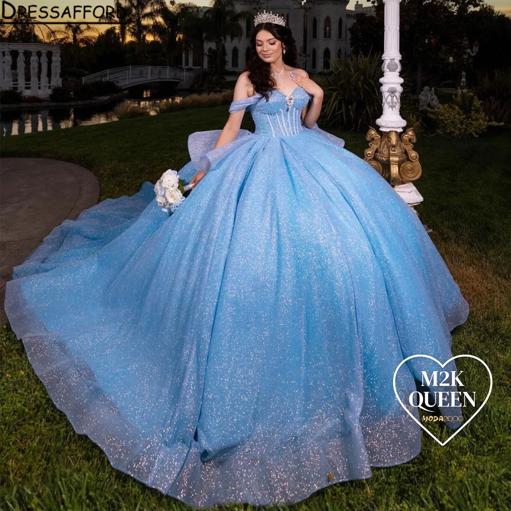 Light Sky Blue Off The Shoulder Quinceanera Dresses Ball Gowns Princess Beaded 3D Flowers Appliques Birthday Party