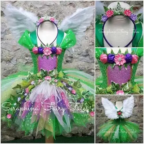 Green Princess Girls Dress Kids Elf Fairy Costume with Headband Angel Wings Sets Halloween Cosplay Children Party Clothes 0-9Y