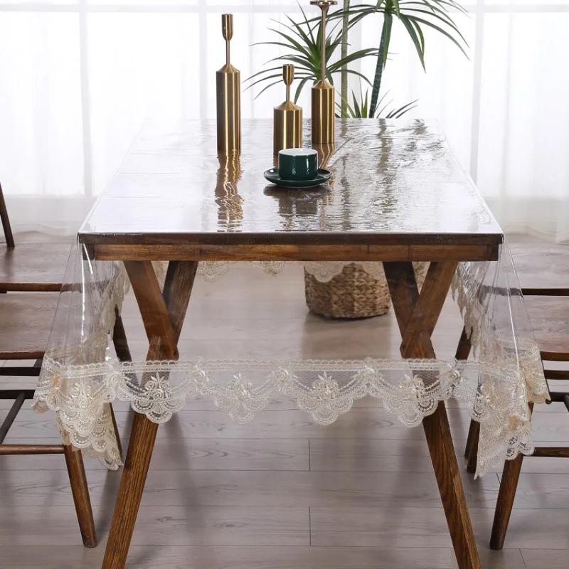 Waterproof Table Cloth PVC Transparent Soft Dining TableCloth Lace Embroidered Oil-proof Table Cover Coffee Table Crystal Plate