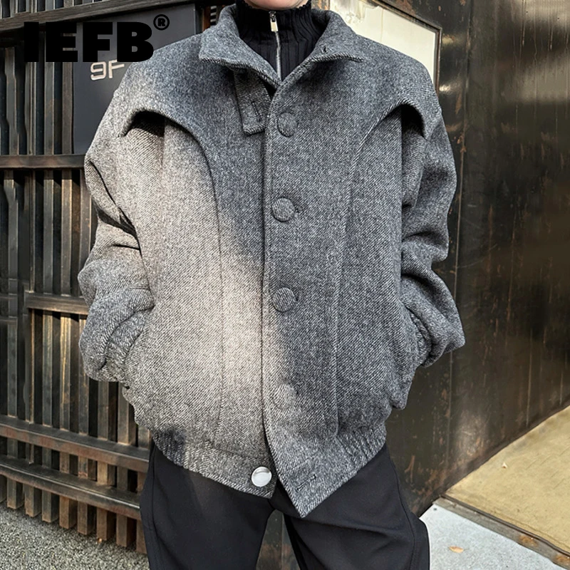 IEFB Korean Style Men's Woolen Jackets Turn-down Collar Solid Color Clothing Single Breasted Casual Male Coats New Winter 9C8626