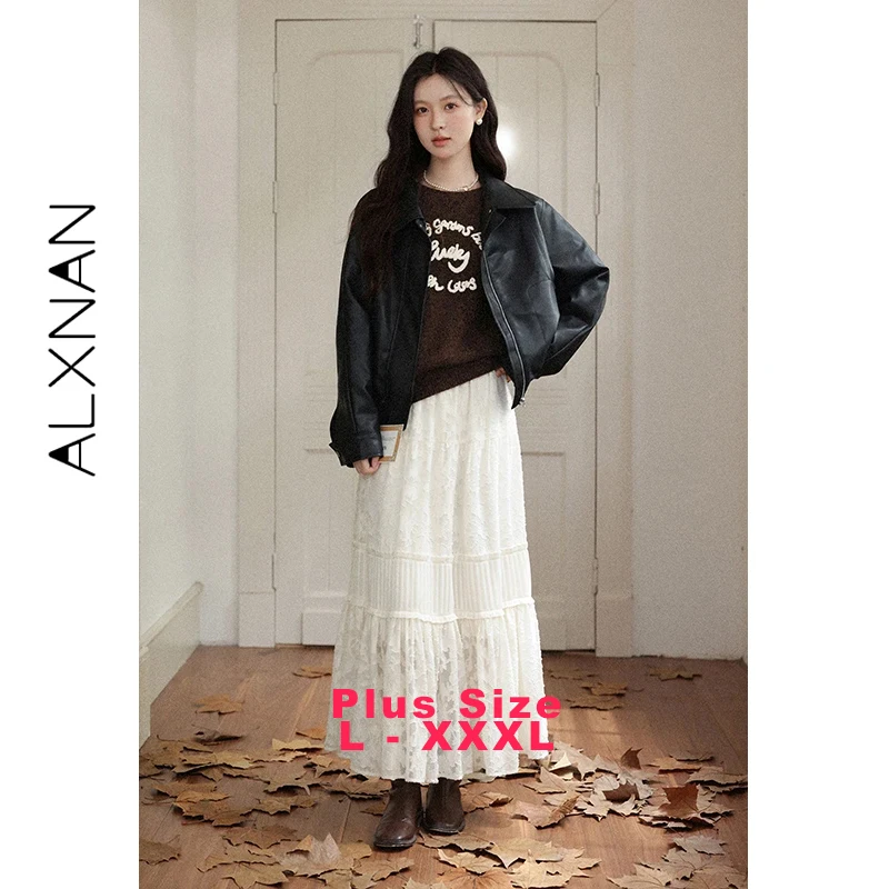 

ALXNAN Plus Size Long Skirt Apricot Stitching High Waist A-line Elegant Women's Skirt Elastic Waist Midi Skirts Ladies D58803