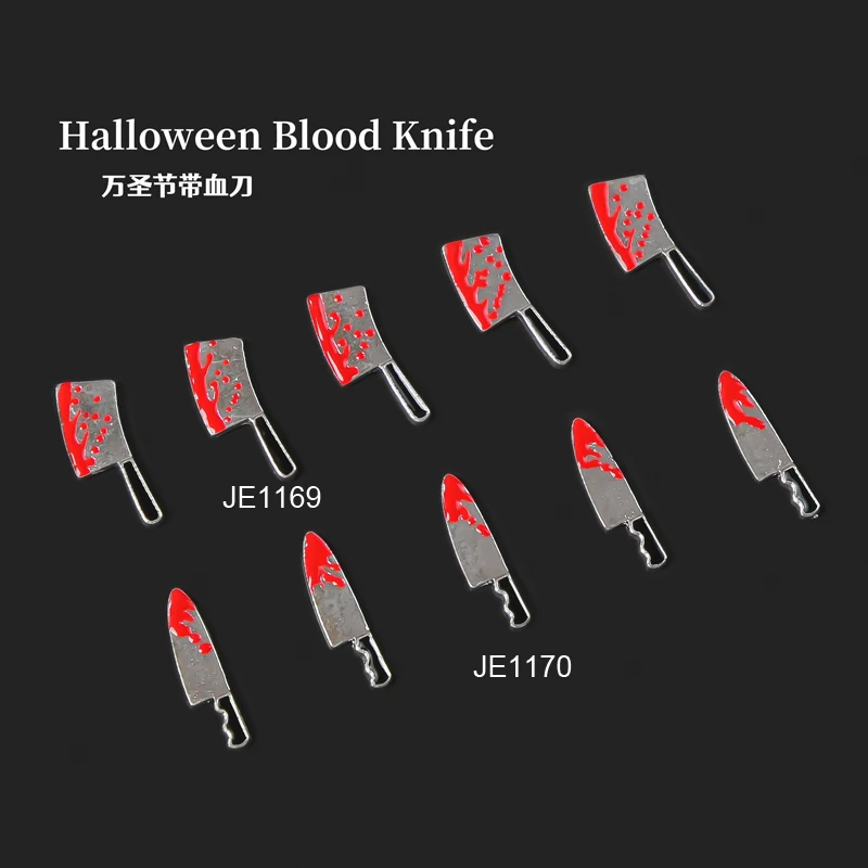 10 teile/los Halloween gefälschtes Blut messer 3d Nagel Charms 18*8/10*5cm Punk Metall legierung Dekorationen gruseliges Messer DIY emulieren Blut messer