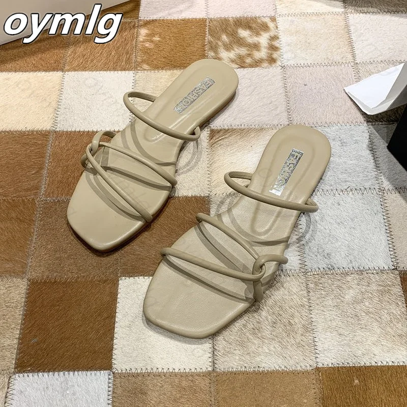 2021 Slippers women summer Korean version new square-toe flat-heel candy color fashion outer wear sandals slippers