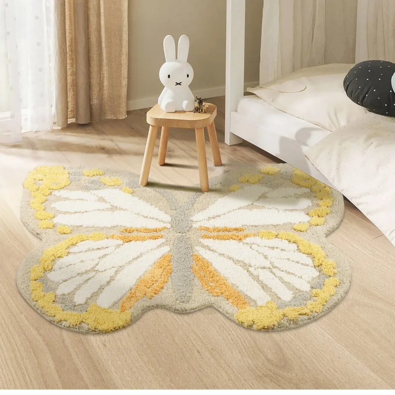 100x100cm Pink Butterfly Rug Plush Floor Mat Machine Washable Kawaii Bedroom Bedside Carpet Kids Room Cloakroom Decor