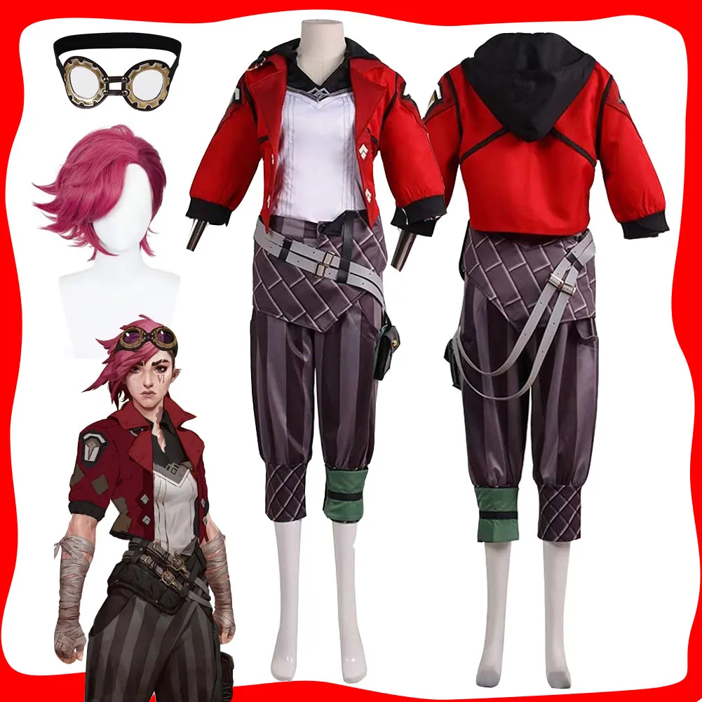 

LOL Vi Arcane Cosplay Fantasia Wig Costume Disguise for Women Red Jacket Coat Pants Headwear Outfits Halloween Carnival Clothes