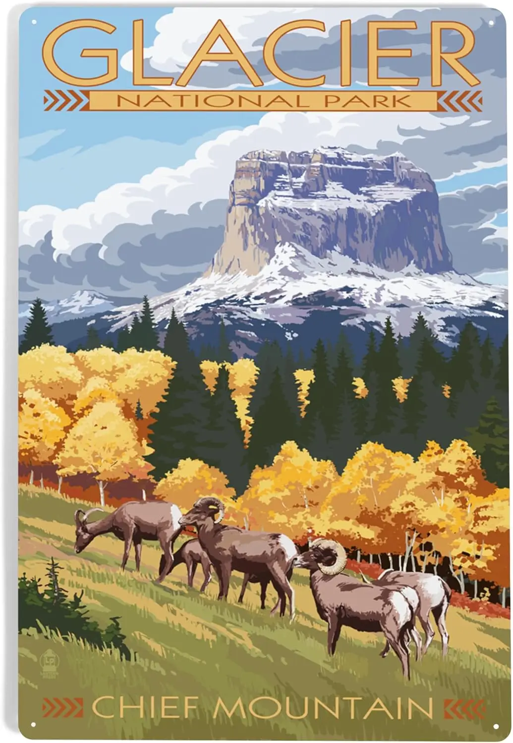 Lantern Press 12x18 Inch Metal Sign, Glacier National Park, Montana, Chief Mountain and Big Horn Sheep