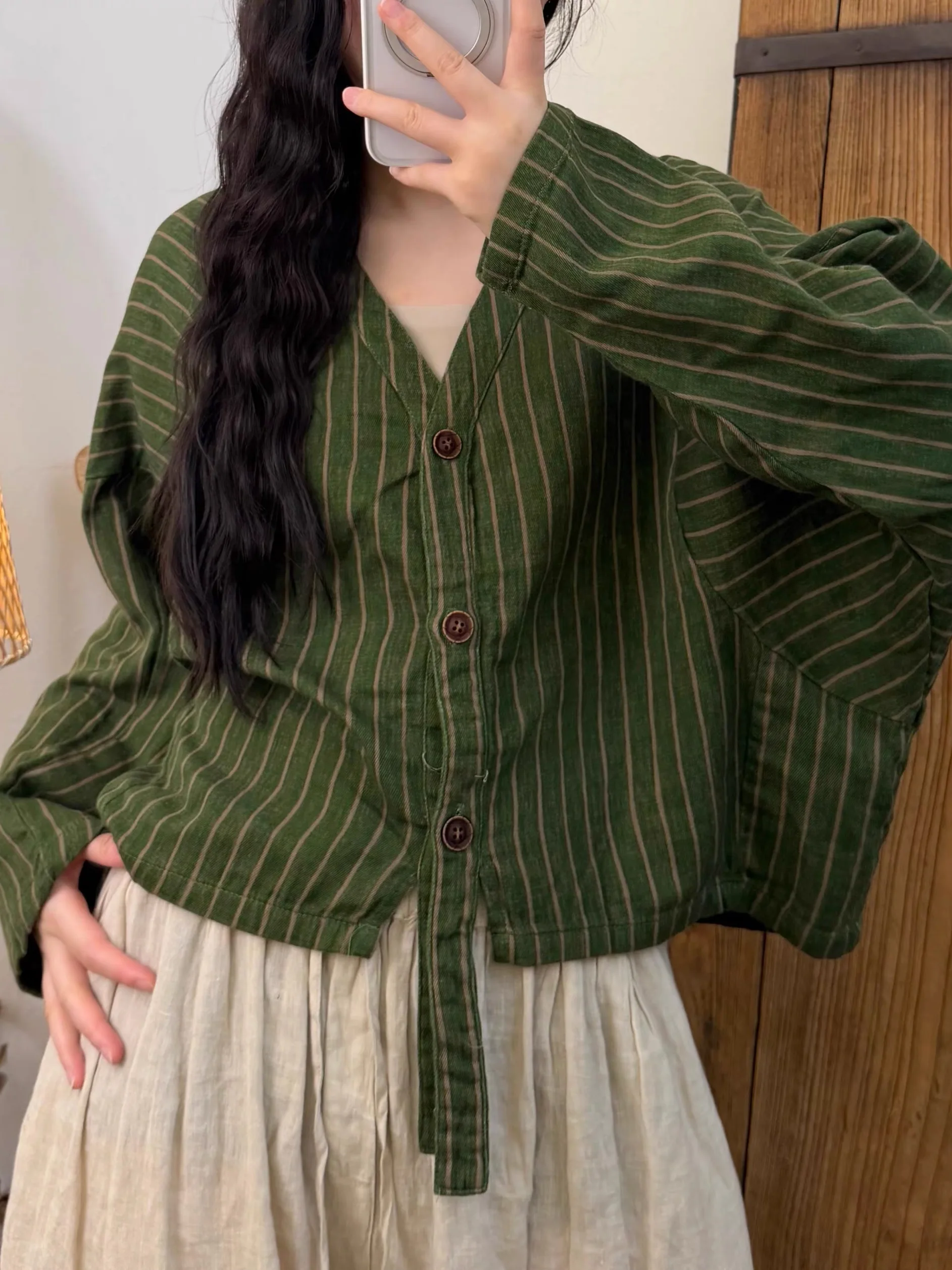Authentic Three-Button Casual Striped Jacket Versatile Batwing Sleeve V-Neck Cotton Blend Regular Fit Women's Short Coat