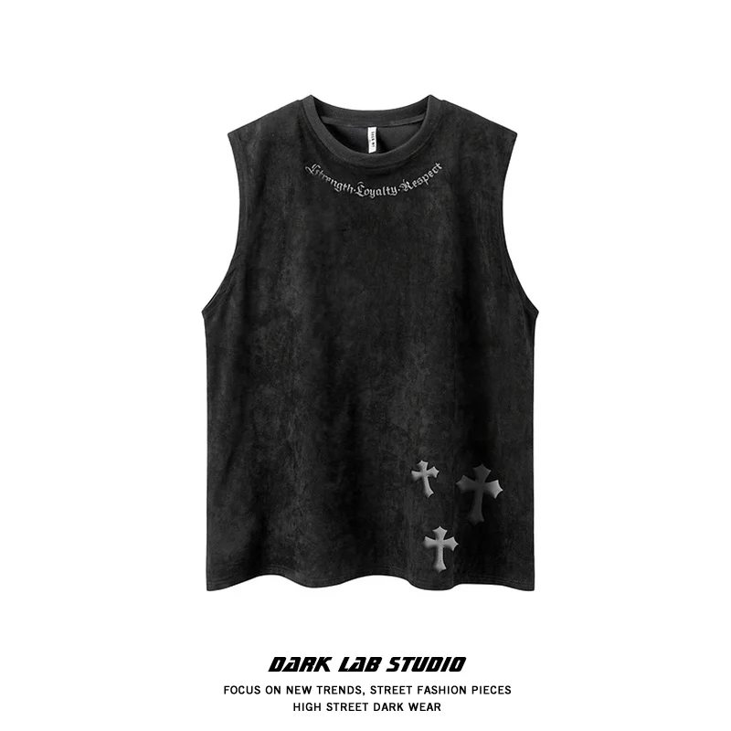 

2023 Summer Man Vest High Street American Cross Printed Suede Sports Tank Top Men's Fashion Street Hiphop Sleeveless T-Shirt