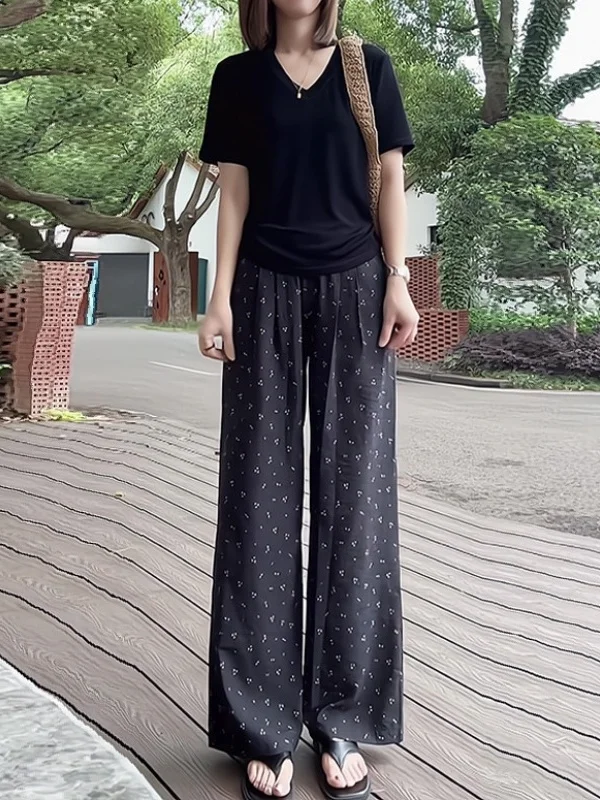 

High Waist Floral Print Elastic Waist Casual Pants Women's Summer Thin Wide Leg Long Pants Loose Fit Korean Style Straight Tube