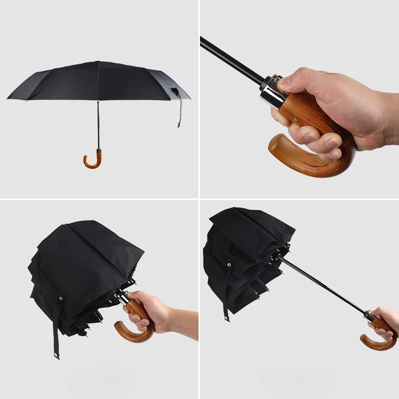 Automatic Folding Umbrella 10 Ribs Sunshade for Men Women Students Sun Rain Dual Purpose Ins Sunshade Umbrella Wooden Handle