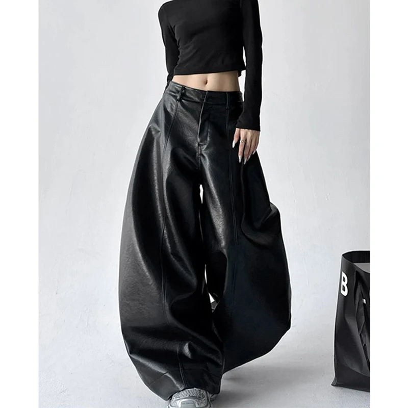 

MEXZT Y2K широкие брюки из искусственной кожи, женская модная уличная одежда, мешковатые черные брюки, зимние повседневные прямые брюки в стиле Харадзюку в стиле гранж