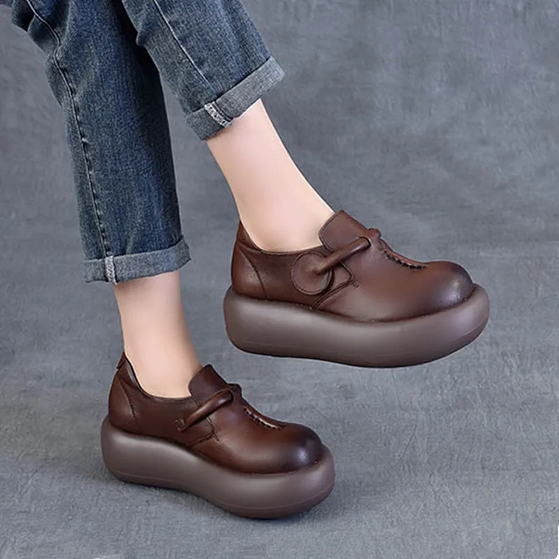 Retro Top Layer Cowhide round Toe Women's Shoes Thick Heel Heightening Spring Autumn Platform Fashion Single Shoes