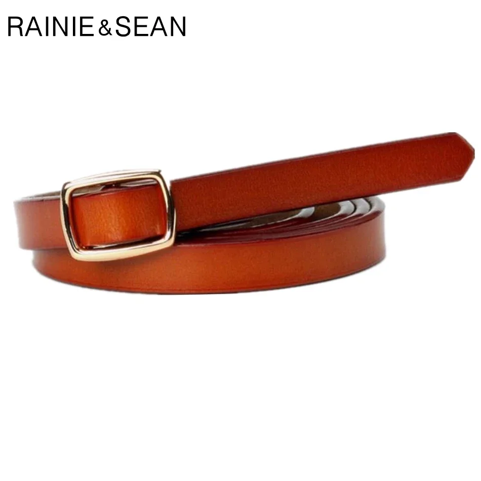 

RAINIE SEAN Camel Real Leather Belts for Women Golden Pin Buckle Waist Belt for Dresses Thin Ladies Strap Solid Skinny Belt