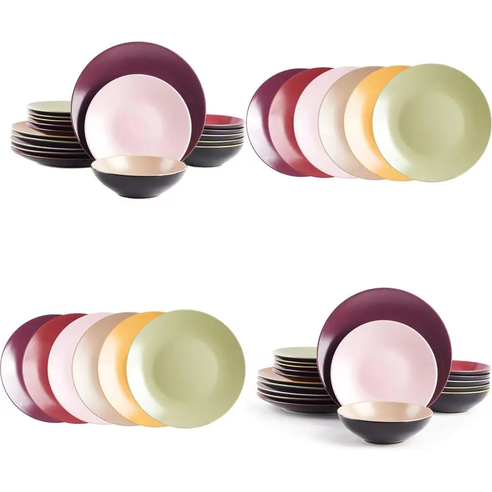 Juego de Vajilla de 18 Piezas en Colores Surtidos: Rojo Baya, Beige, Curry, Oliva, Ciruela y Rosa