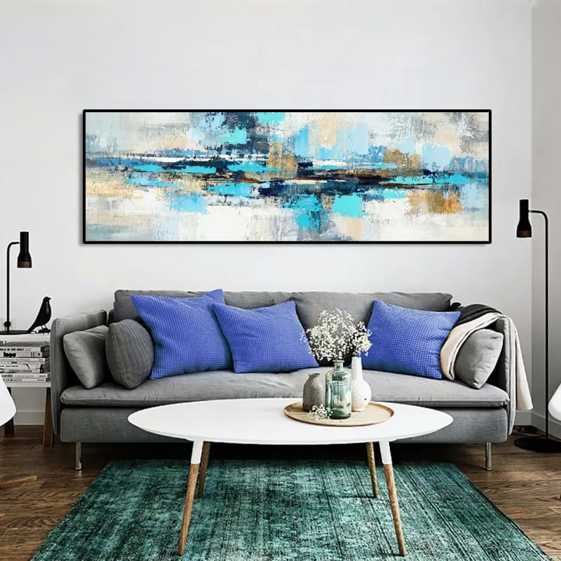 Modern Abstract Wall Art Blue Color Block HD Canvas Oil Paintings Posters & Prints Home Bedroom Living Room Decoration
