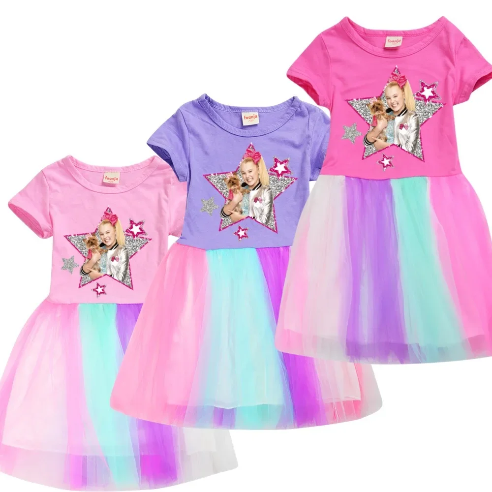 

Cute JOJO Siwa A Kids Clothes Knee-Length Dresses Cute Cotton Gauze Full Dress Teenagers Cartoon Baby Girls Party Clothing