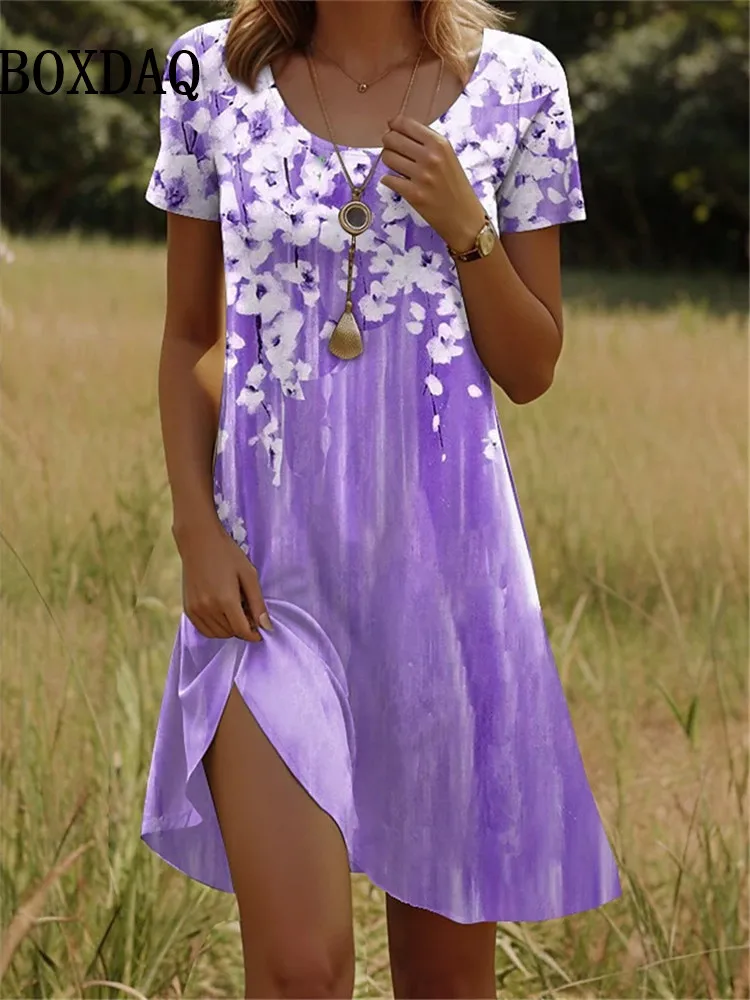 Floral Print frauen Kleid Elegante Casual Für Weibliche Sommer Mode Oansatz Kurzarm Lose Urlaub Damen Lose Kurze Kleid