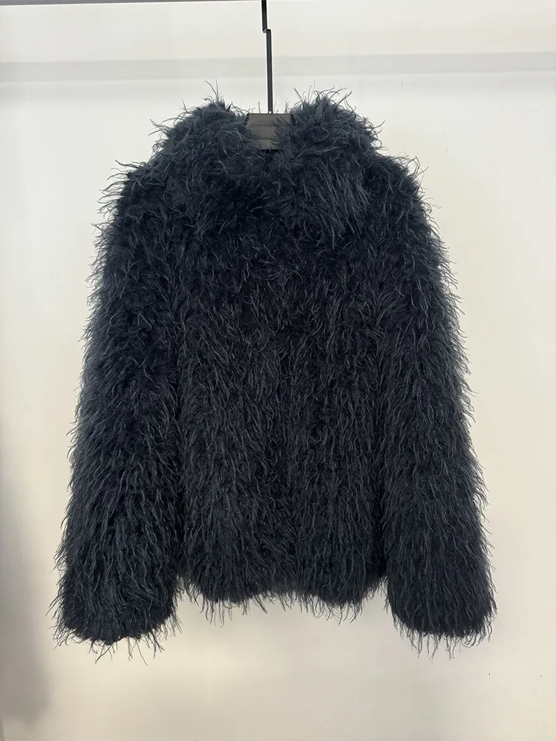 Faux Fur Coats Women Solid Fur Jacket Oversize Scarf Round Neck Long Sleeve Open Stitch Thick Warm Fur Casual 2025 Autumn Winter