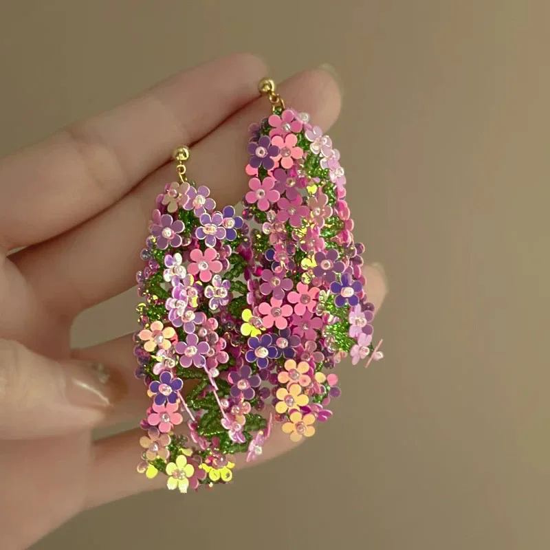 Fairy Wisteria Flower Long Earrings Sequin Flower Seed Beads Tassel Earring Jewelry for Women Countryside Vacation Jewelry