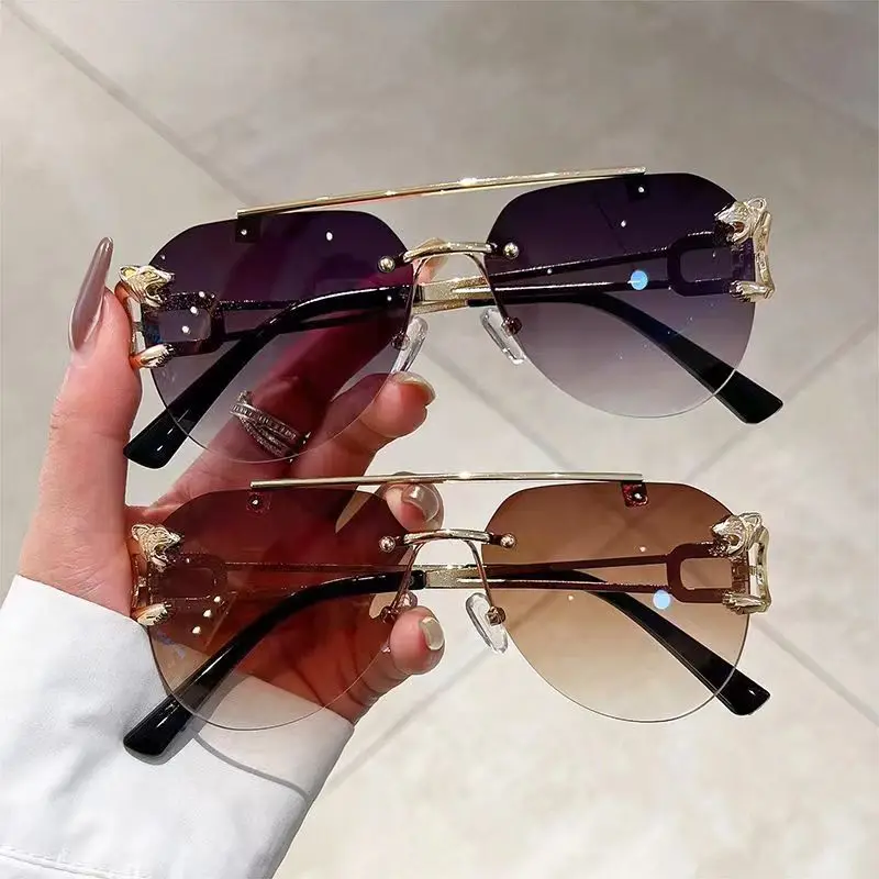 

New arrival rimless leopard head sunglasses for women double beam stylish trimmed toad glasses