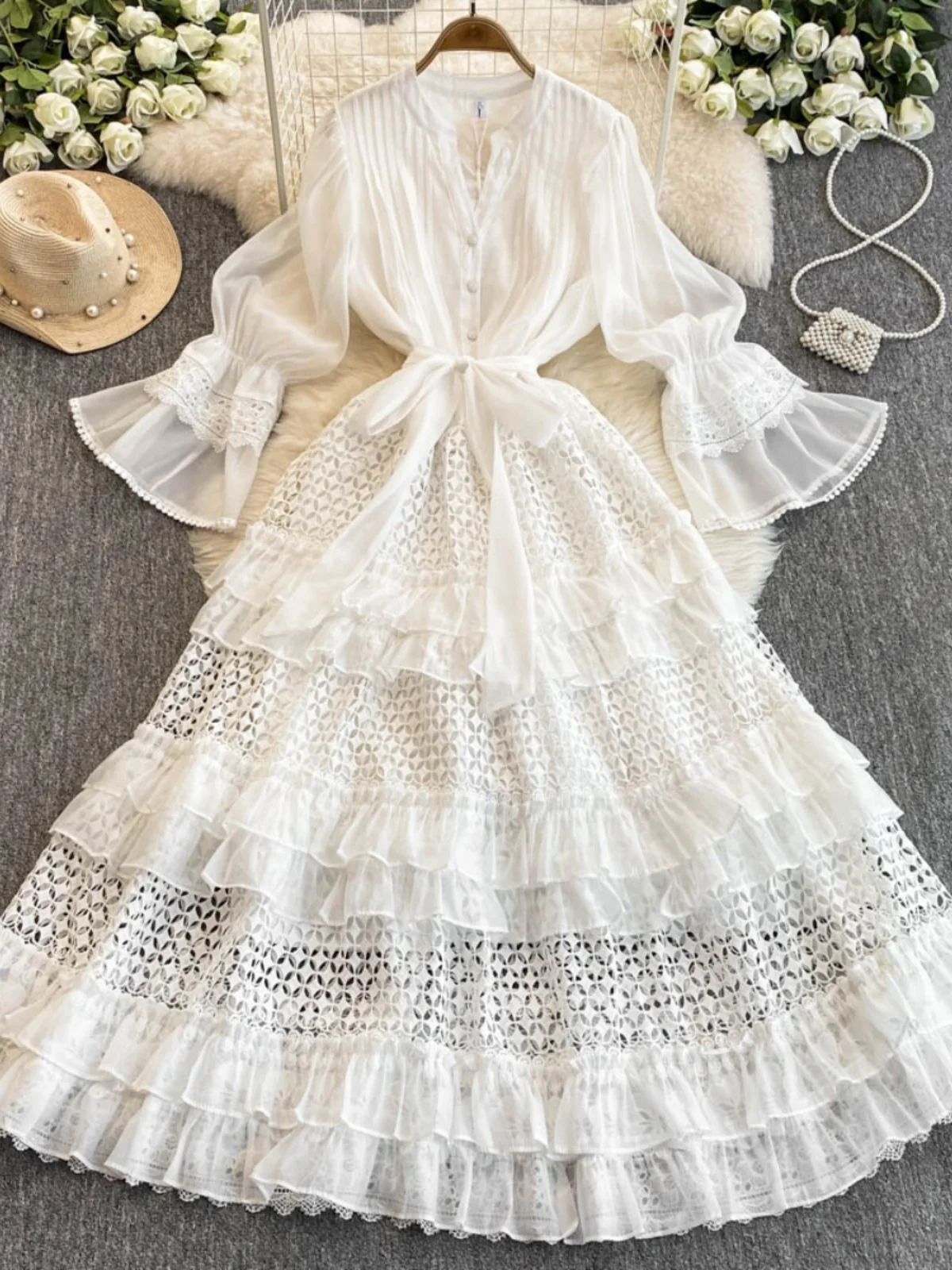 

Ele Australian Sle Lace Trim V-Ne Long Slimming Dr Heavy Design Sense Faionable Midi Skirt High Waist Bell Sve