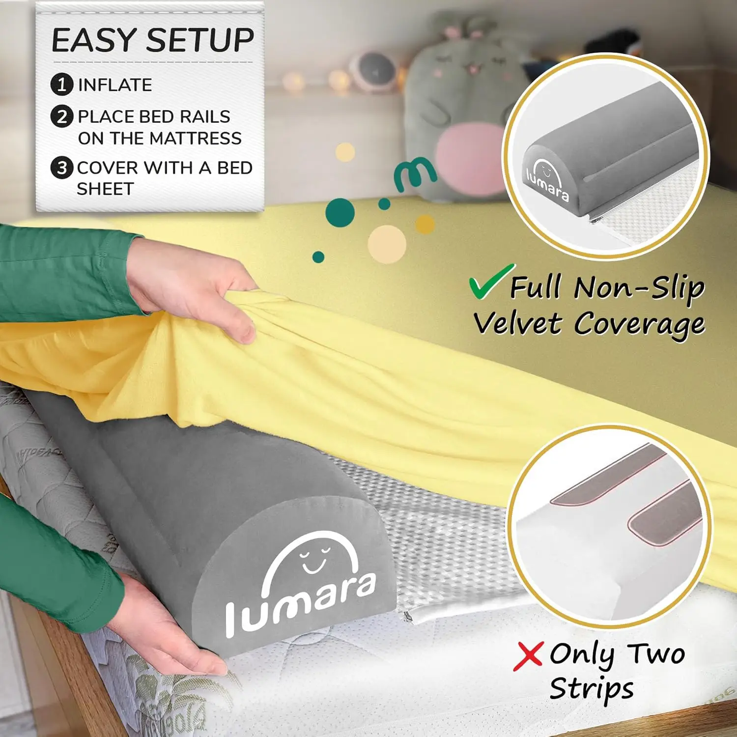 Inflatable Bed Rails for Toddlers, 2-Pack Portable Travel Bumpers Fits Twin to King Beds - Non-Slip Safety Guard