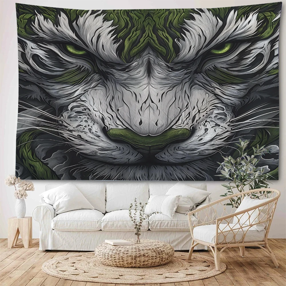 Psychedelic abstract feline sharp evil intimidating gaze background personality home decoration tapestry