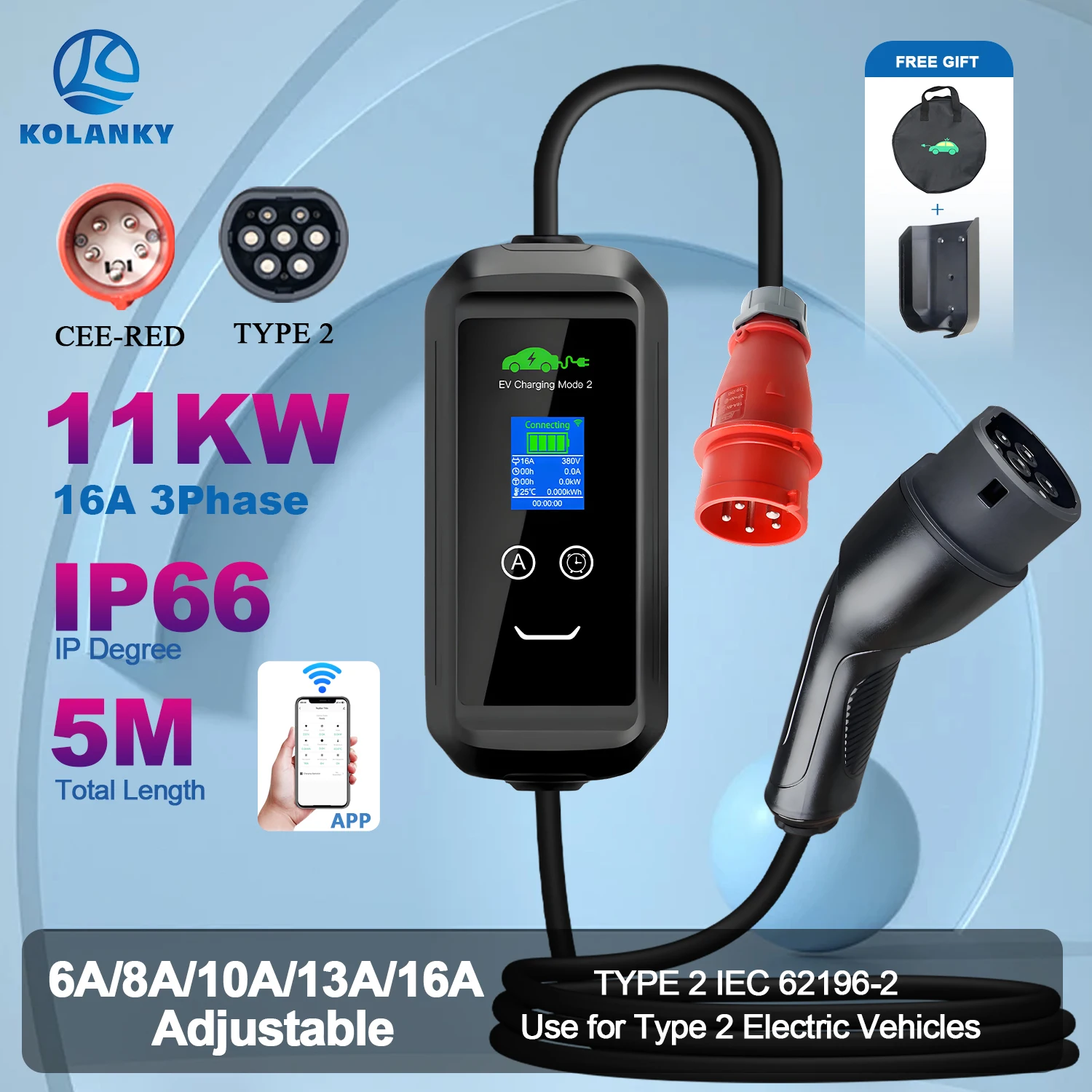 Kolanky 6/8/10/13/16A 11KW 32A 7.2KW شاحن مركبة كهربائي محمول نوع 2 APP Wifi مجموعة التحكم وقت الشحن PHEV Hybrid 5M