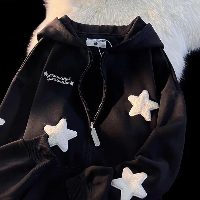 Y2k Zip Hoodie Sweatshirt Loose Long Sleeve Coat Kawaii Clothes Tops Harajuku Jacket Casual Gothic Cartoon Patchwork Streetwear