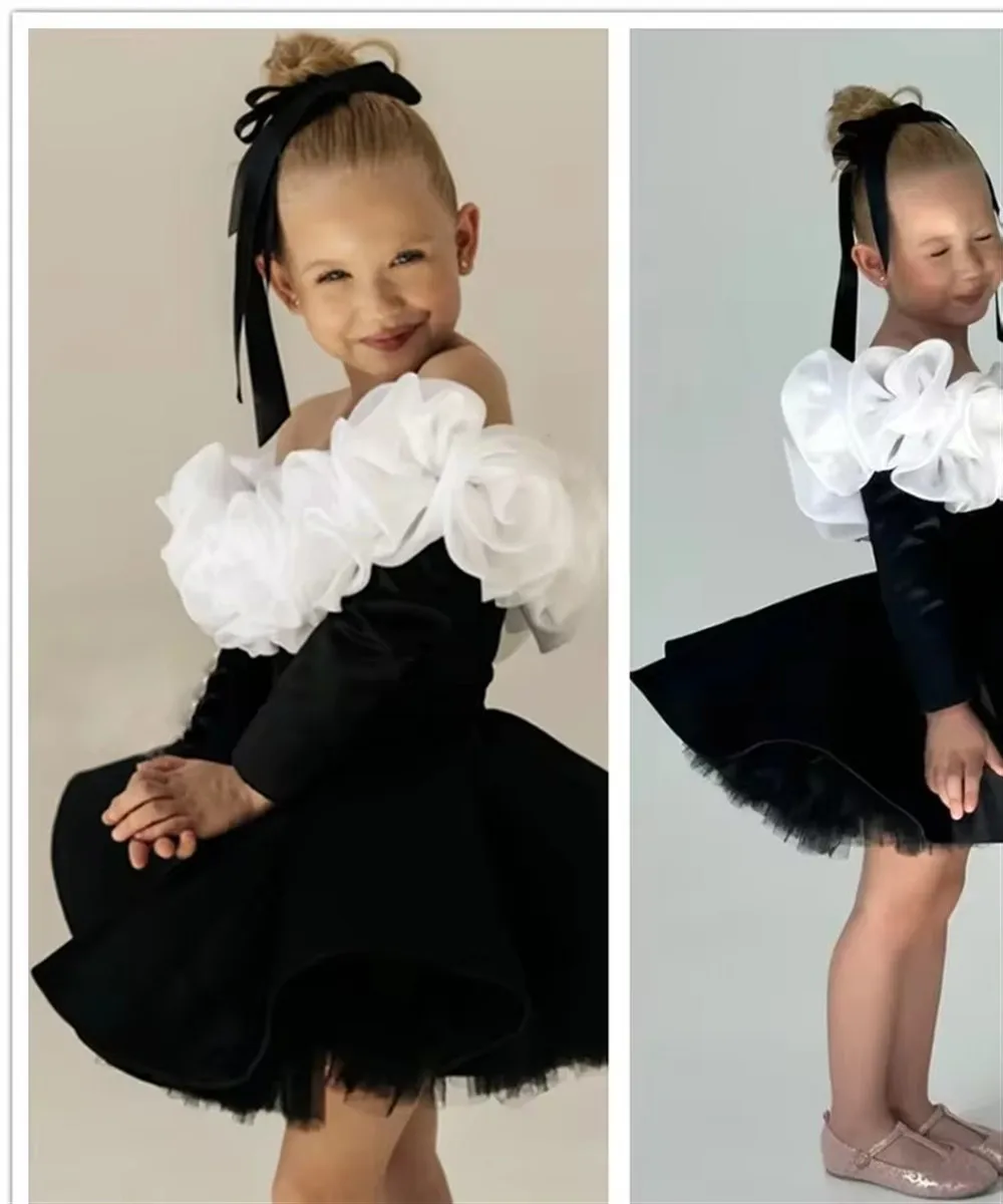 Abito da ragazza di fiore brillante per abiti da prima comunione per feste di compleanno per bambini con paillettes gonfie in pizzo e perline a maniche lunghe