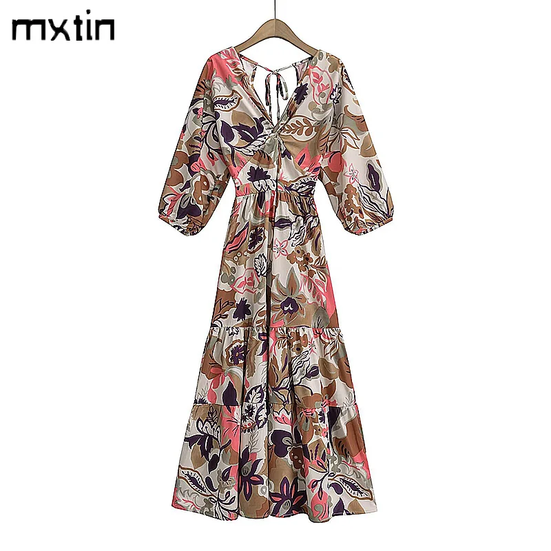 

Women's Summer Long Dress Print Hollow Out Vintage Fashion V Neck Female Party Evening Elegant and Pretty Women's Dresses 2024