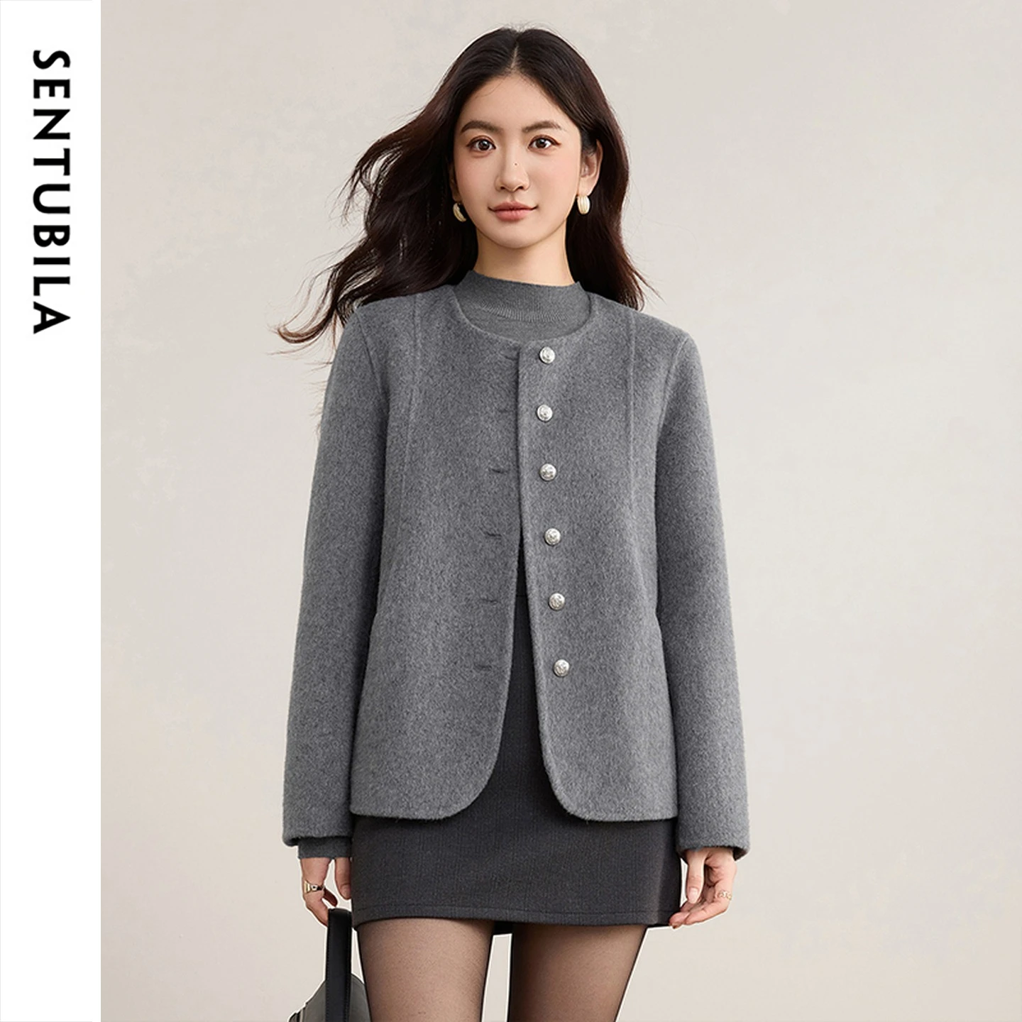 SENTUBILA Women Elegant Coat 100% Wool Double‑Faced Round Neck Color‑block Petite Short Multi‑color Woolen Outerwear W54OF8772