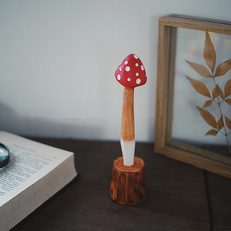 Handmade Cute Home Decor Mushroom Wood Carving Gel Pen Stationery Valentine Day Gift House Decoration Writing Pens Decorations