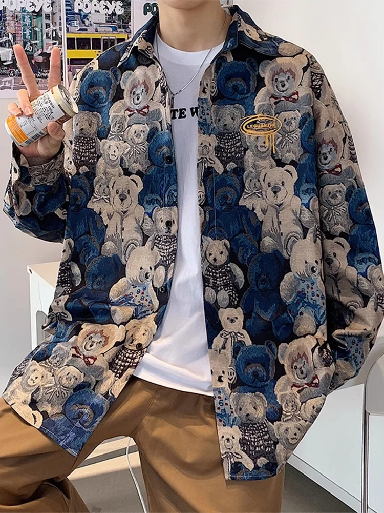 

Cartoon Bear Print Long Sve Men's irt Spring Autumn Trendy Brand High-End Feel Collared Oversize Couple's Faion