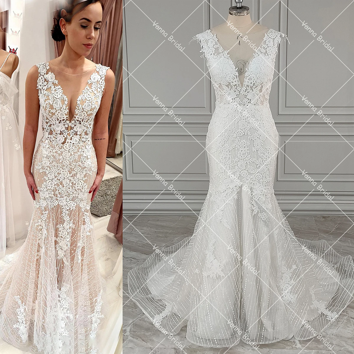 V Neckline Fit and Flare Luxury Wedding Dress Backless Cap Sleeves Shimmer True Pictures Exquisite Lace Customized Bridal Gowns