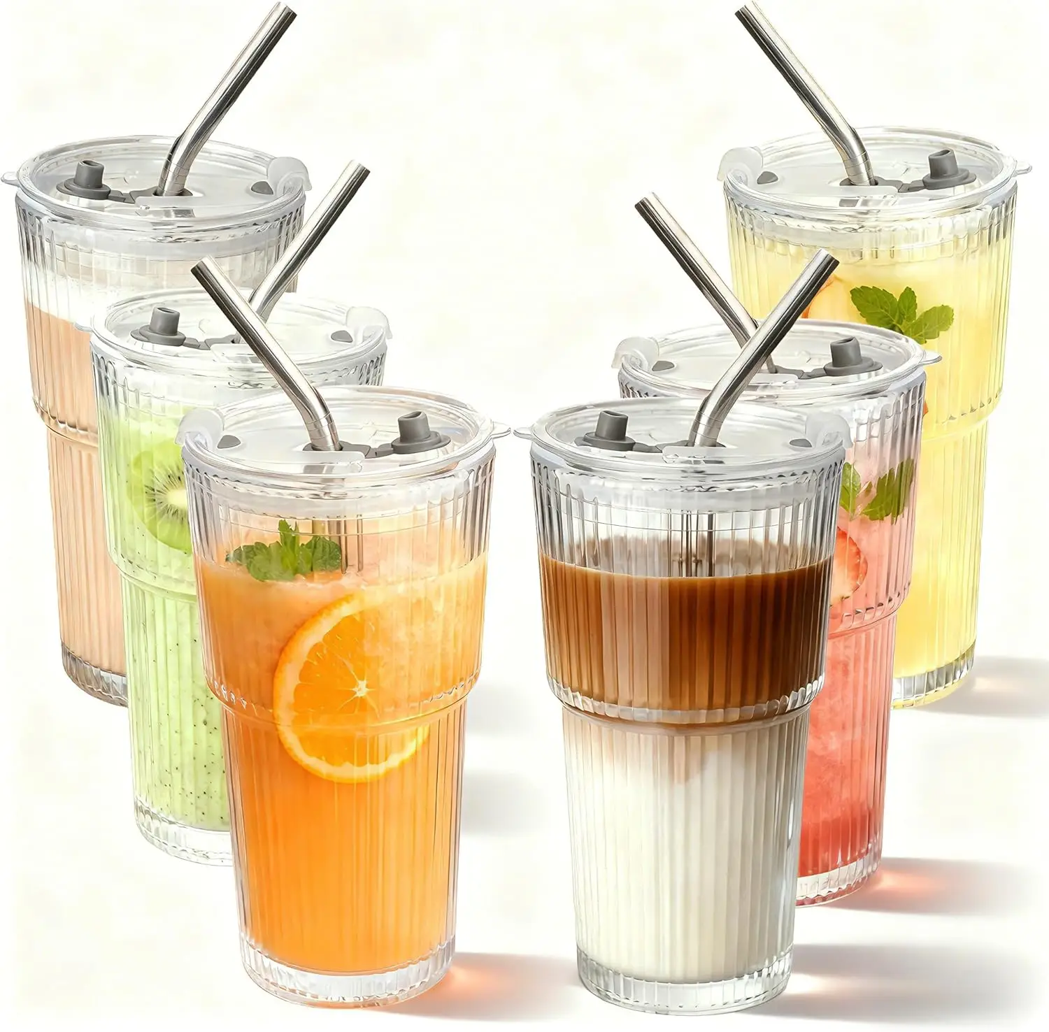 

Набор из 6 ребристых стеклянных стаканов с крышками и трубочками, 16 унций, для холодного кофе, можно мыть в посудомоечной машине