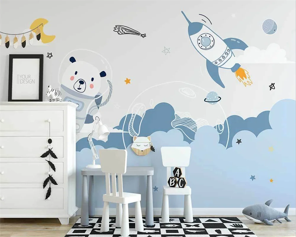 

beibehang papel de parede Custom new Nordic hand-painted cartoon space astronaut children's room background wallpaper