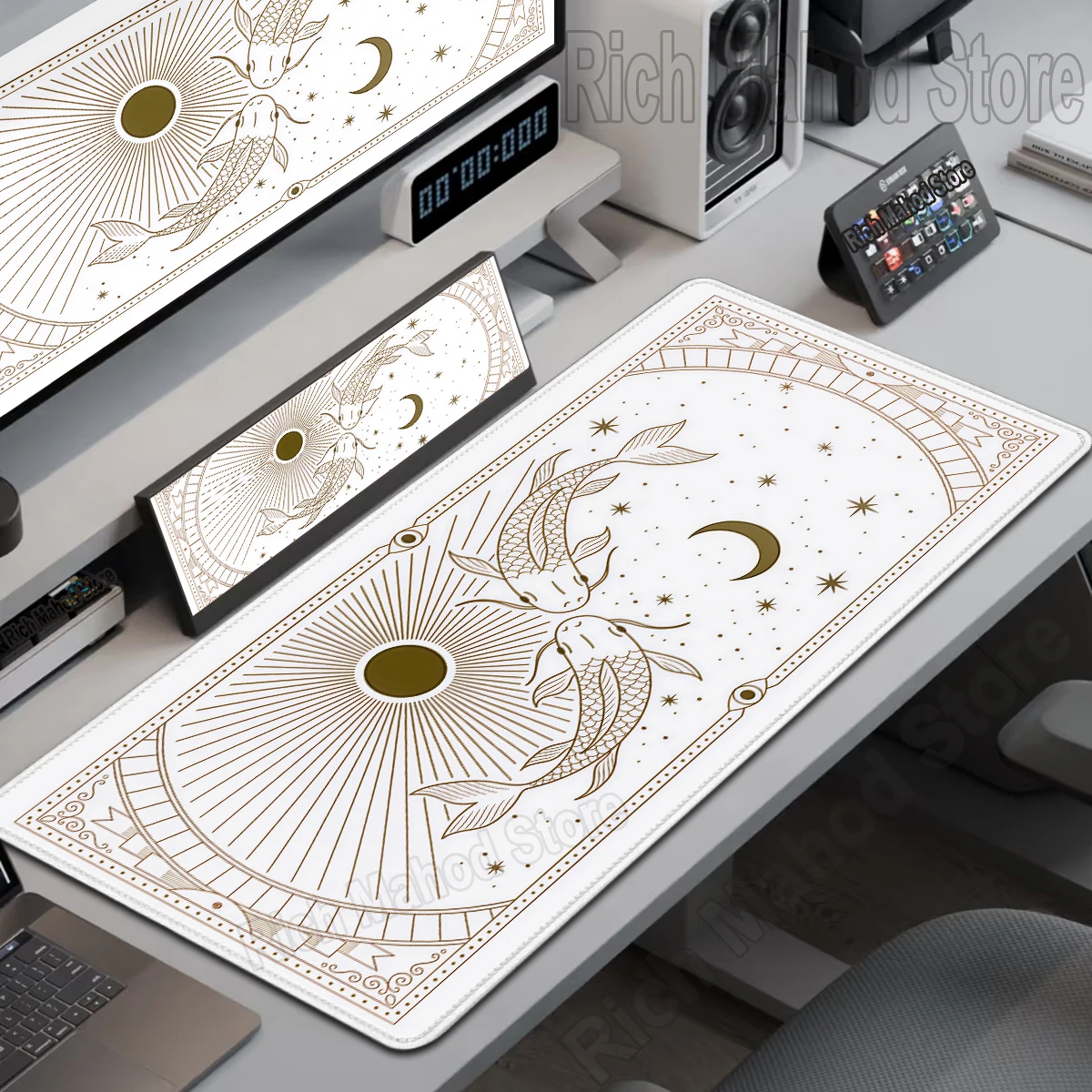 

Koi Fish Mouse Pad White & Gold Art Desk Mat XXL Moon Cloud Sunrise Aesthetics Mousemat Large Gaming Accessories Mousepad 90x40