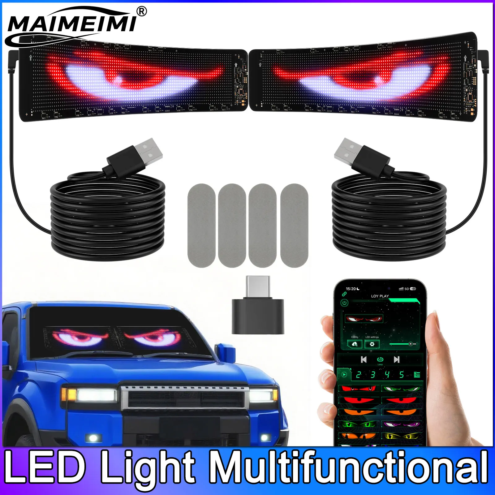 LED Light Multifunctional Bright Devil Eyes Light for Car Windshield Flexible Programmable Scrolling LED Display APP Control