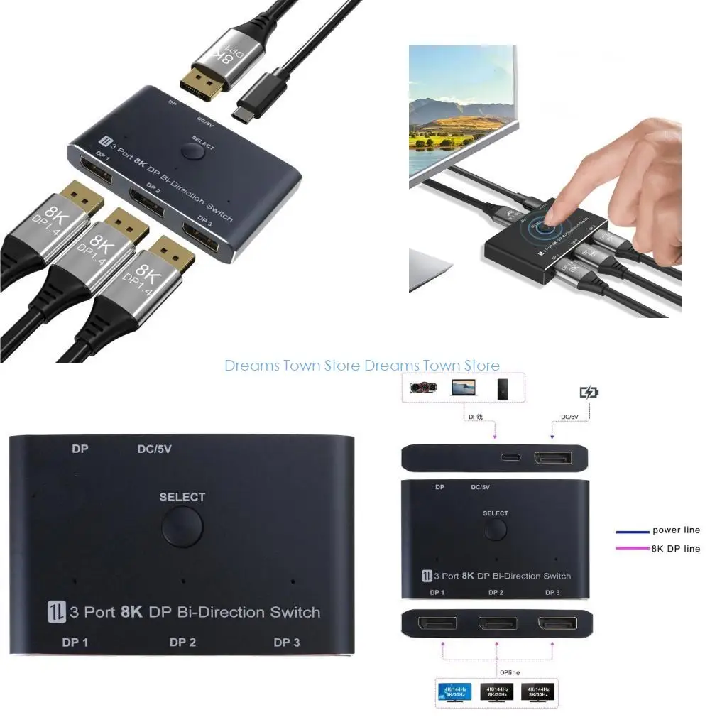 

HX6A DisplayPort 1.4 Switching Box 8K30hz High Resolution Video Splitter 3 In 1 Out Switcher For Multiple Screens
