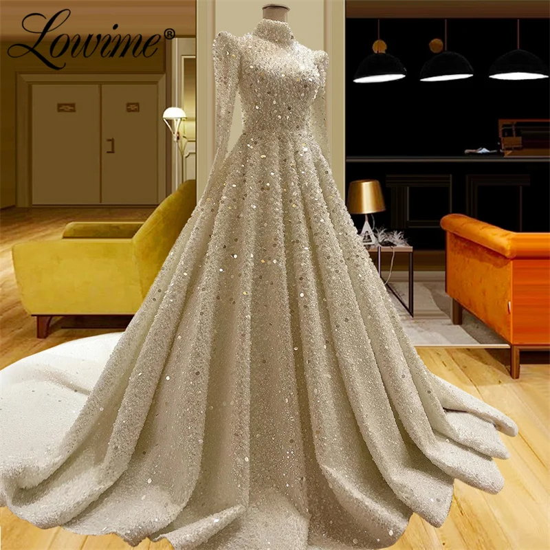 Heavy Beading Pearls Muslim Wedding Dresses High Neck Long Sleeves Middle East Dubai Wedding Bride Dress Bridal Gowns Customized