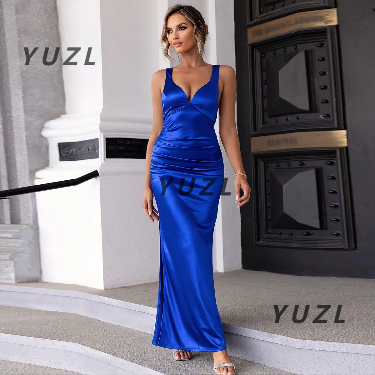 Summer sexy solid color pleated satin dress evening dress 2025 new