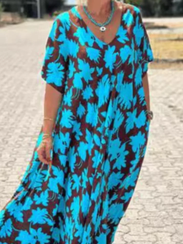 Fashion V-neck Short-sleeved Loose Dress For Women Spring And Summer Elegant Flower Printing Casual Loose Holiday Dresses Female