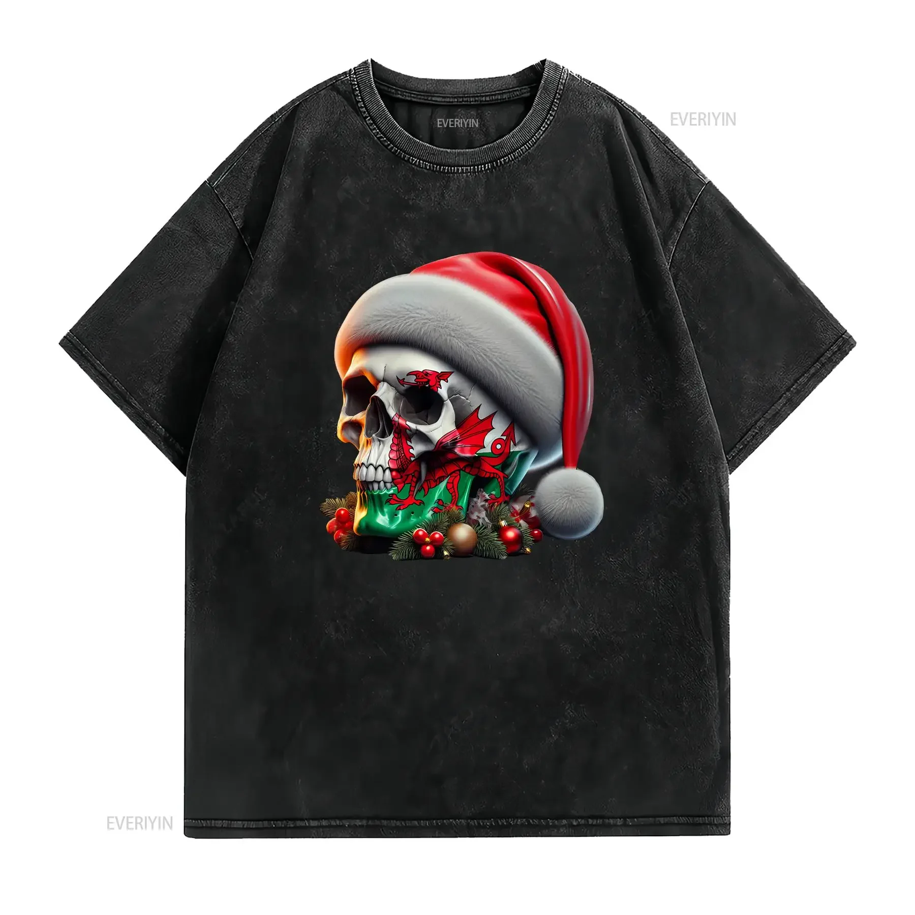 Wales Christmas Skull Xmas Welsh Flag Rugby Mens Light Cotton T Shirt vintage Washed streetwear Top For Everyday Wear Soft