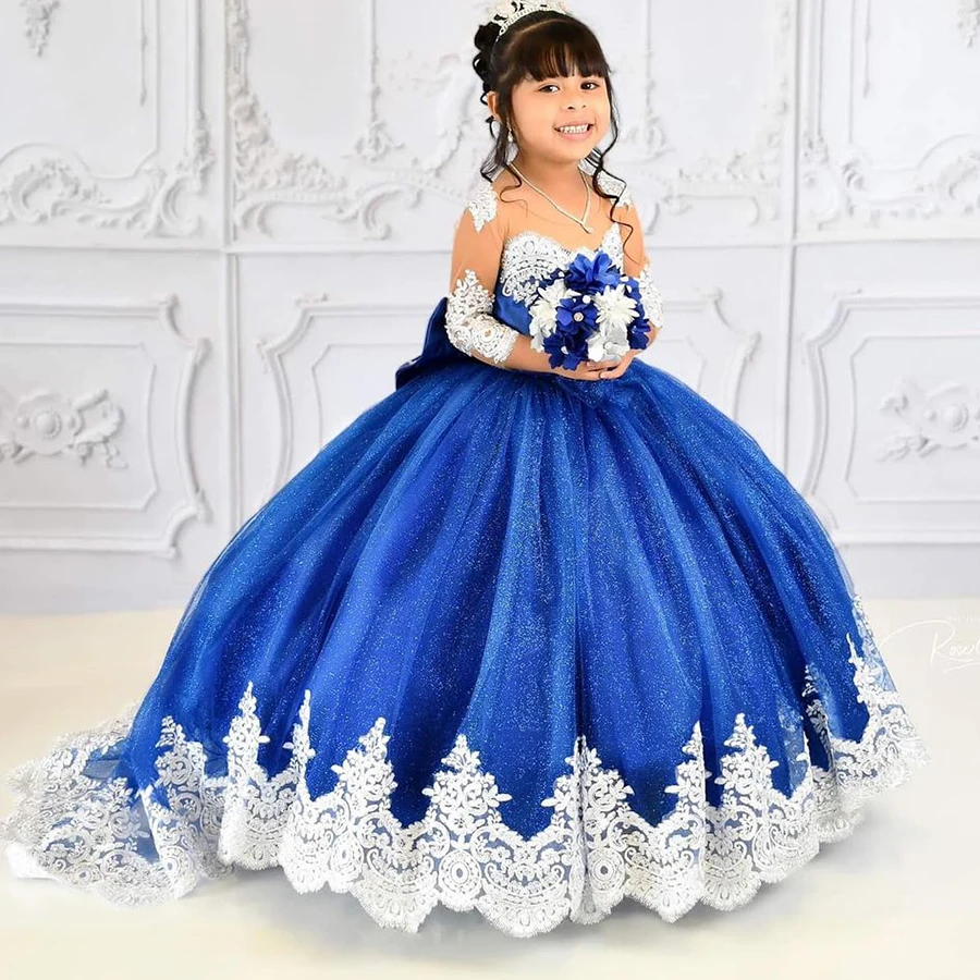 Robe de Rhbleue avec appliques en dentelle pour enfants, robe de demoiselle d'honneur, manches longues, longueur au sol, fête d'anniversaire, première communion, princesse