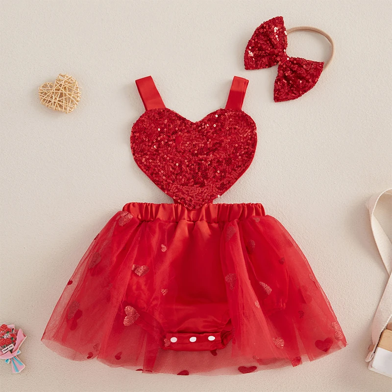 Infant Baby Girl Romper Dress Casual Valentine's Day Heart Sequins Sleeveless Jumpsuit and Headband Set Fashion Clothes Outfits