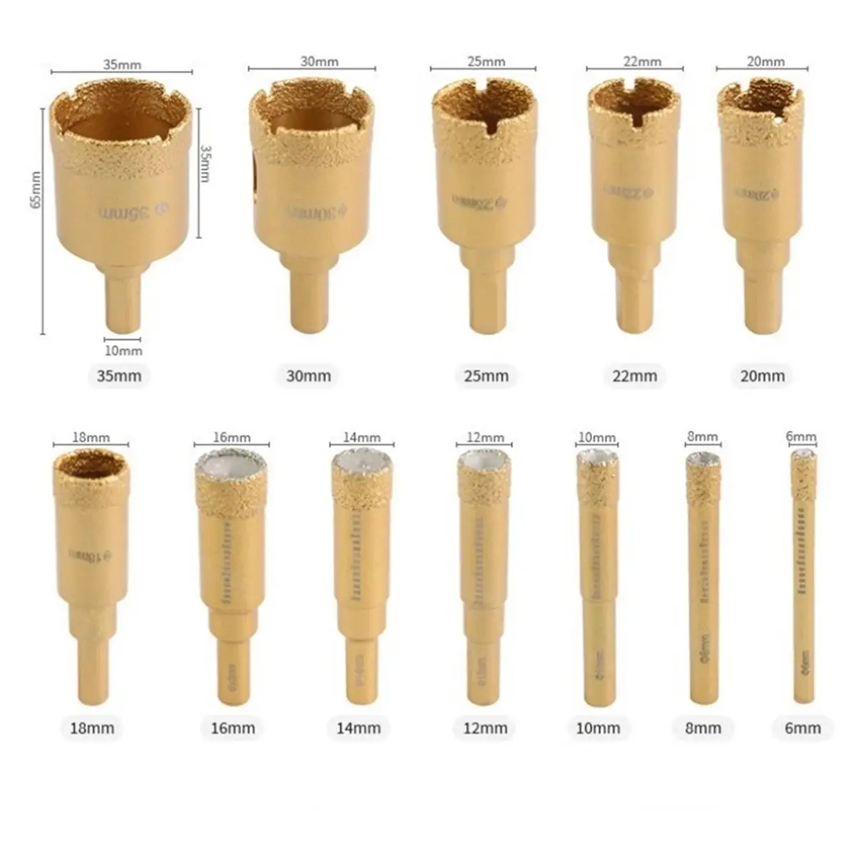 Gold Brazing Drill Bits Set 12pcs for Angle Grinder Hole Opener Marble Ceramic Stone Reaming Saw Kit M10 Hole Opener