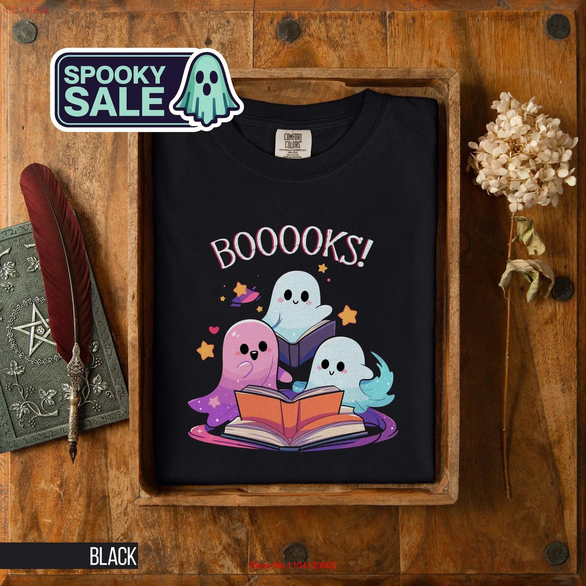 Cute Ghost Book T Shirt Funny Halloween Spooky Minimalist Lover Reading Bookworm long or short sleeves