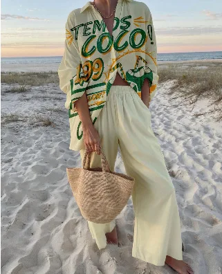 Conjunto informal de 2 piezas con estampado bohemio, camisa holgada de manga larga con solapa y botones, pantalones de pierna ancha de cintura alta, traje de primavera, nuevo estilo de vacaciones