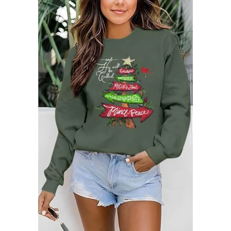 Feliz Navidad Ropa deportiva para mujer Patrón divertido Sudadera con capucha estampada Vacaciones Camiseta de manga larga Verde oscuro